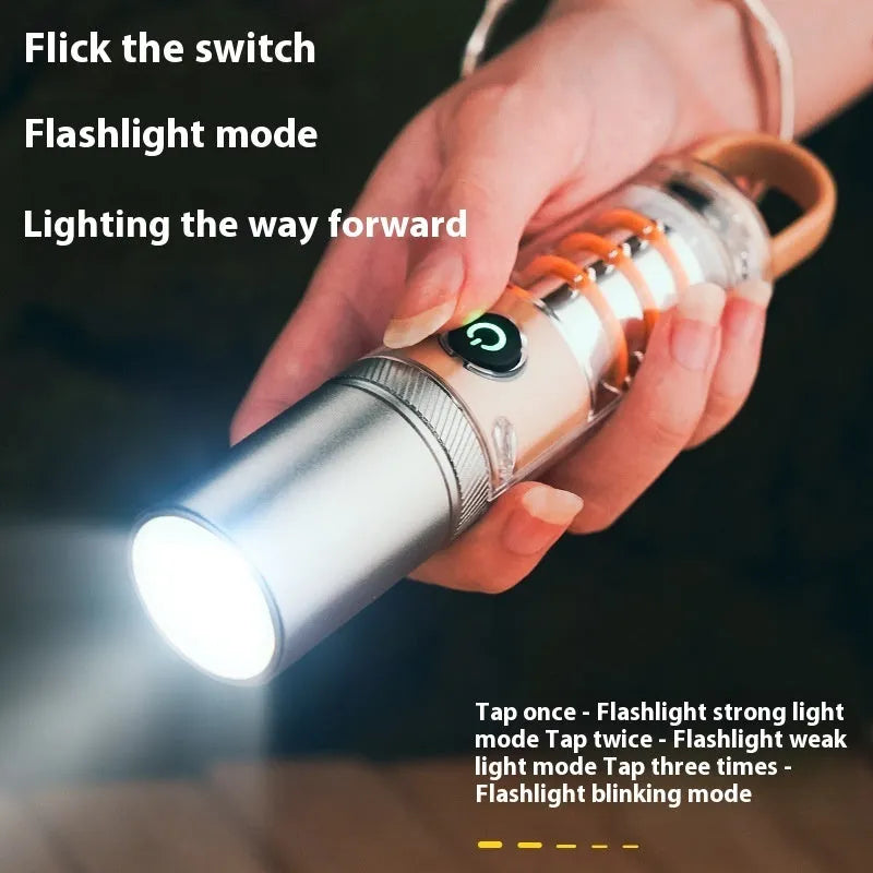 Orange or beige 10W rechargeable flashlight with hook, keychain, and optical zoom.