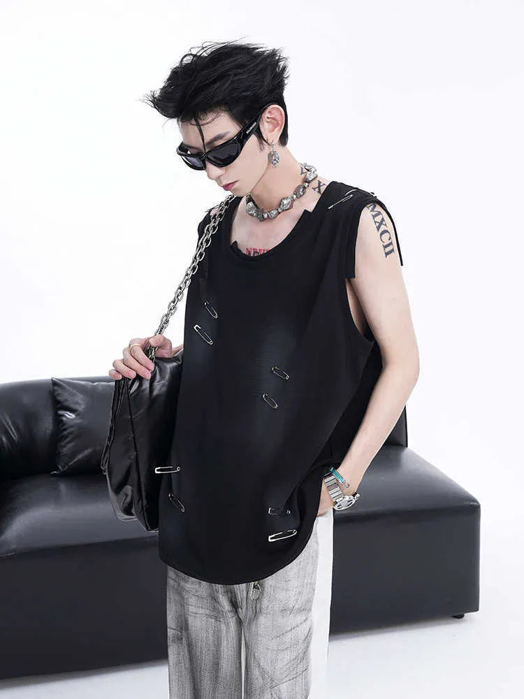 Men's black sleeveless t-shirt waistcoat vest with irregular ripped cutting detail and round neck collar