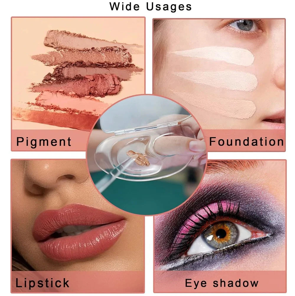 Transparent acrylic makeup mixing palette showing storage groove and colour test areas