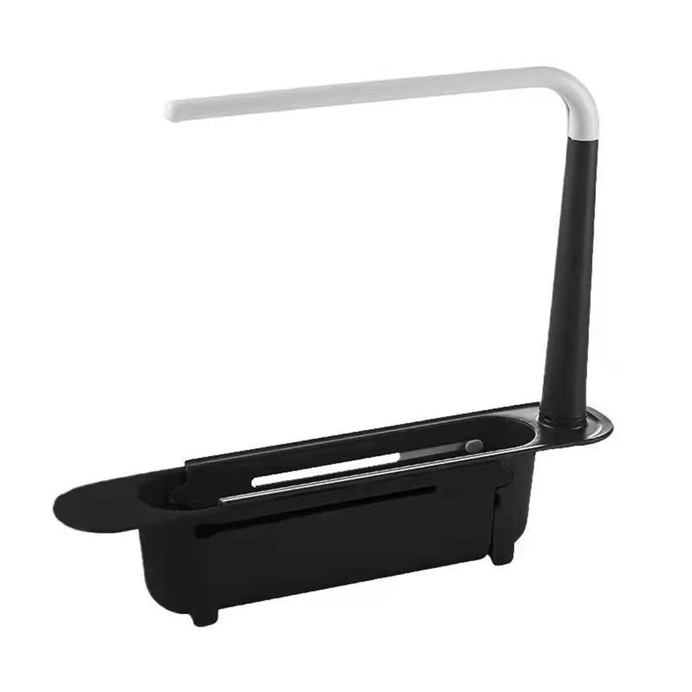 Telescopic plastic kitchen sink drain rack with multi-coloured modular baskets.