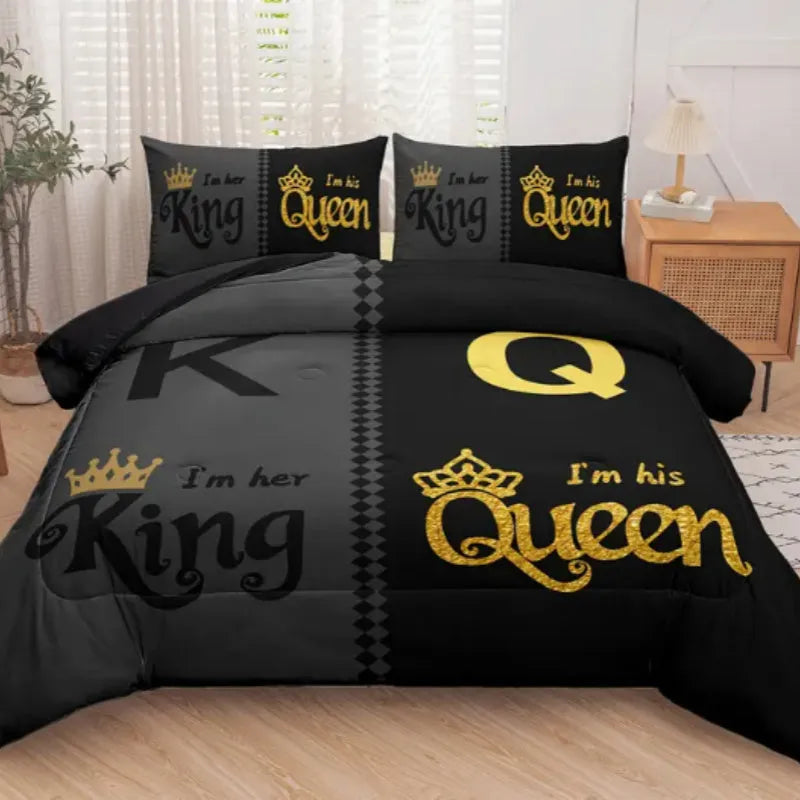 Light grey digital printed quilt cover set with two pillowcases on a bed