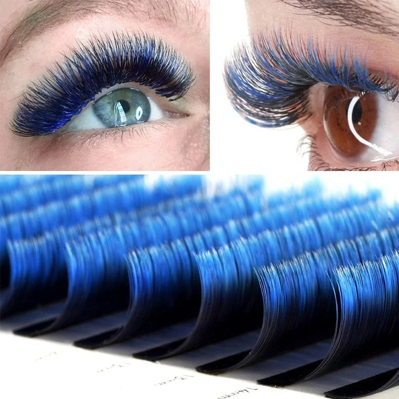 Single graft gradient coloured eyelashes showing four colour options with 8-15mm mixed lengths on fibre material
