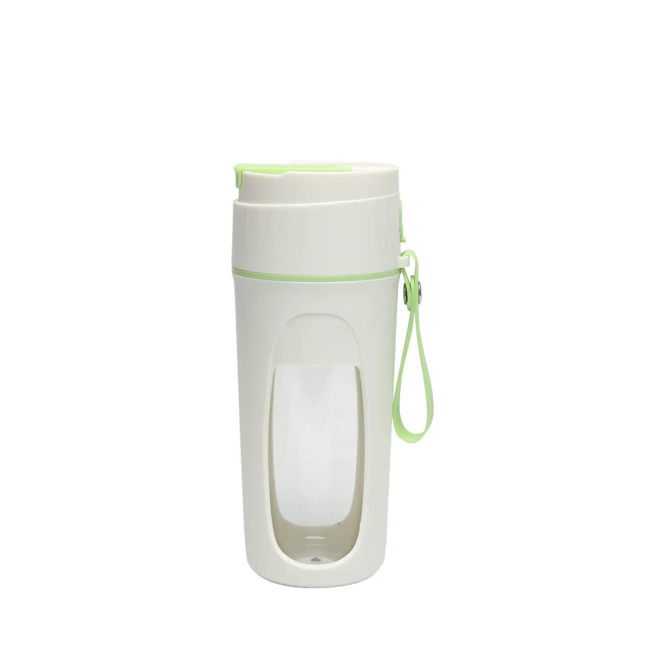 USB rechargeable portable blender cup with borosilicate glass liner in fresh orange, grass green, and light purple colours.
