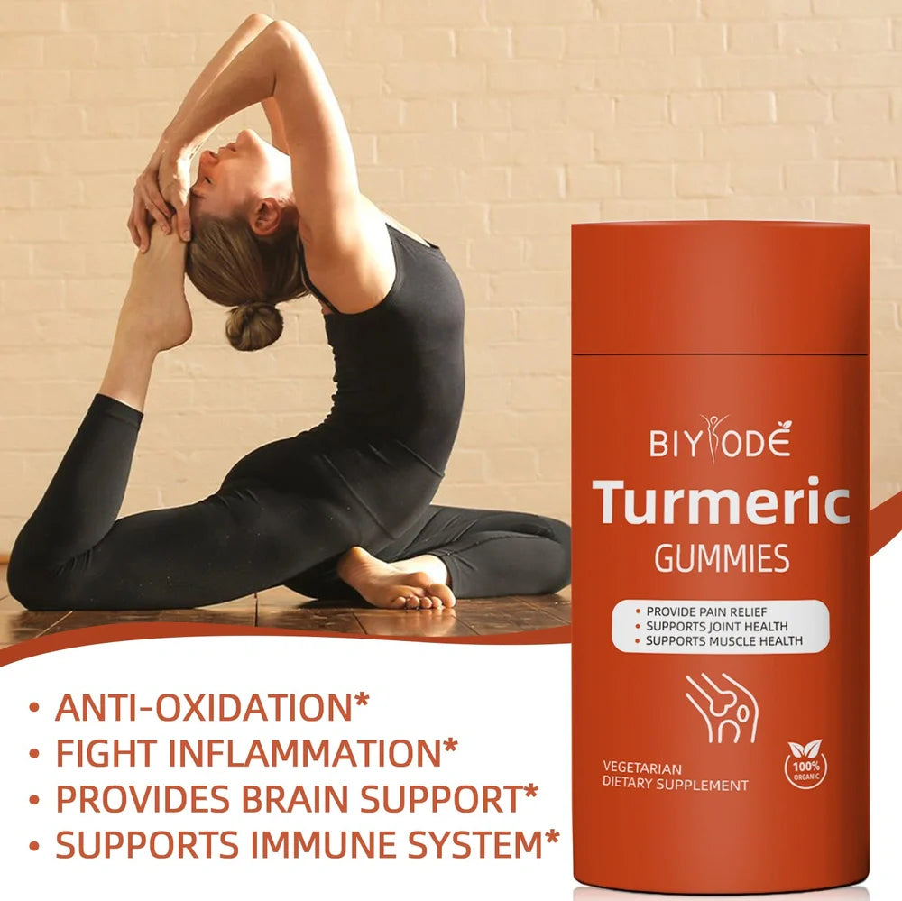 Bottle of 60 organic turmeric gummies with turmeric curcumin for immune support