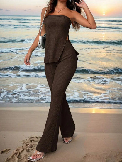 Brown sleeveless top and bell-bottom trousers women's suit set on hanger