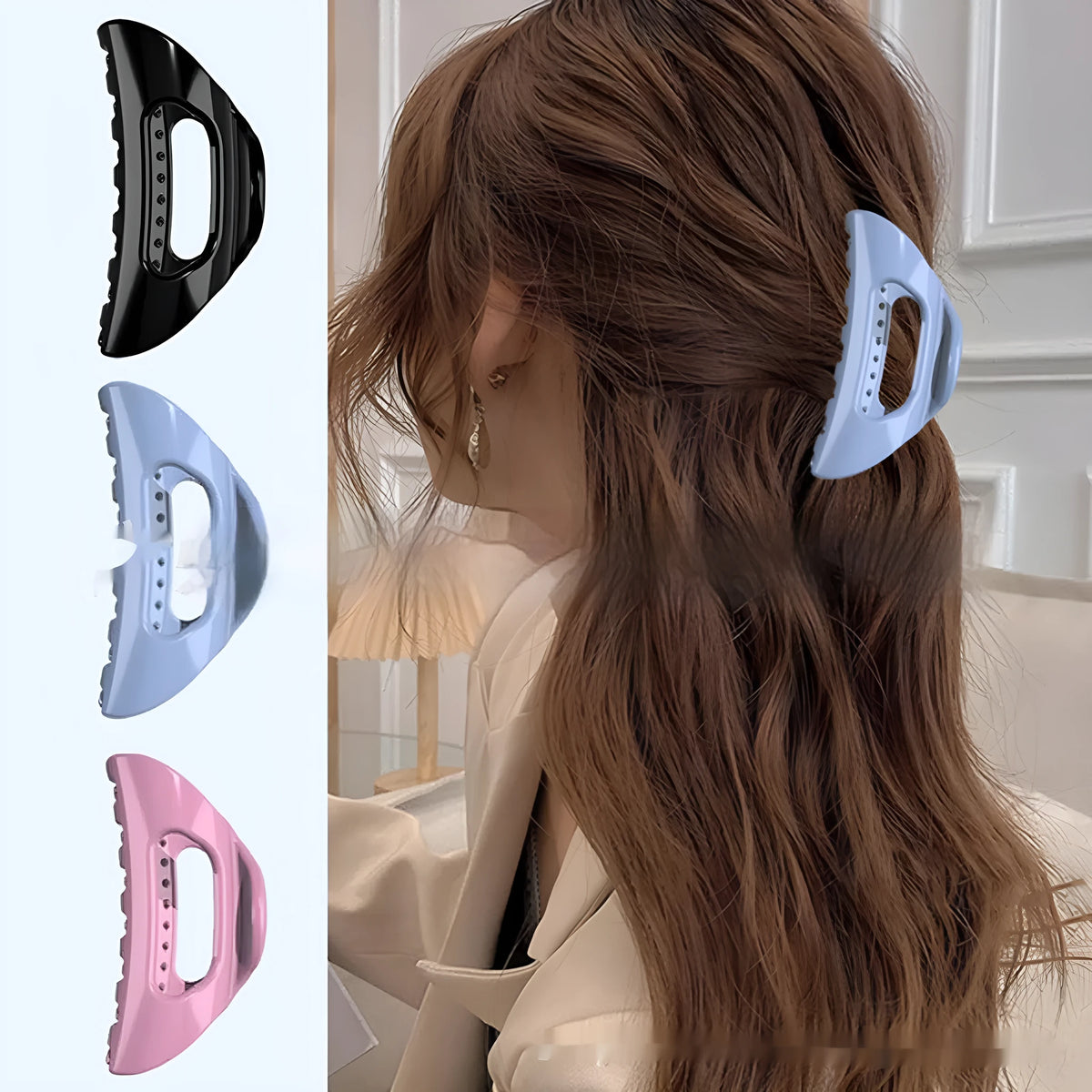 Plain colour plastic French grip hair clip in black, light pink, or cloudy blue for women's everyday hair styling