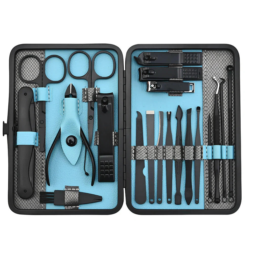 Beauty and manicure nail care kit with stainless steel tools in PU leather case showing multiple grooming implements
