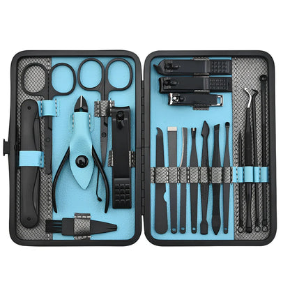 Beauty and manicure nail care kit with stainless steel tools in PU leather case showing multiple grooming implements