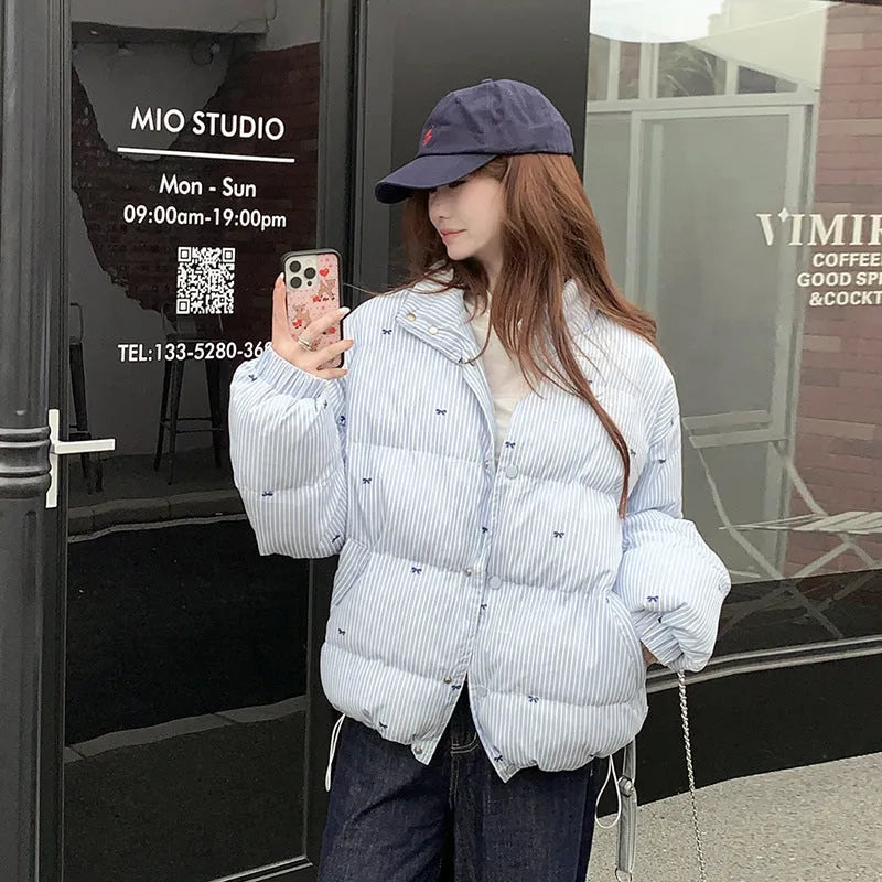 Women's plaid bow print loose cotton coat with long sleeves and pockets in blue or purple, sizes M L XL