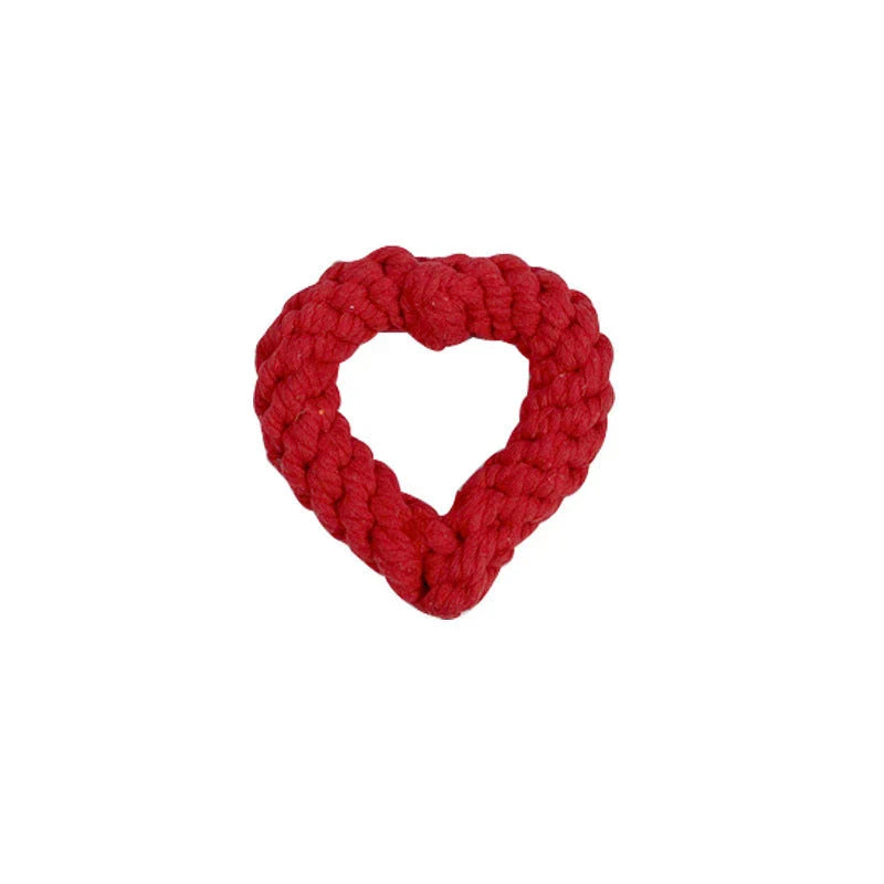 Premium cotton rope chew toys in various shapes and colors, including bones, hearts, and chicken thighs, designed for small dogs and puppies
