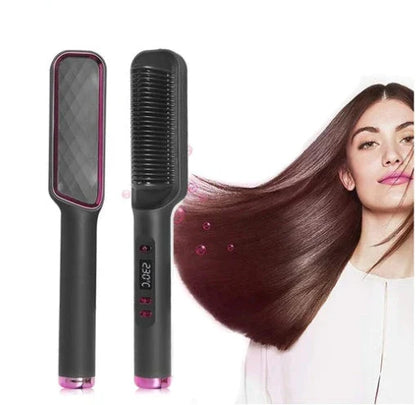 Salon-quality hair straightening brush with ceramic heating plates for smooth, frizz-free hair styling