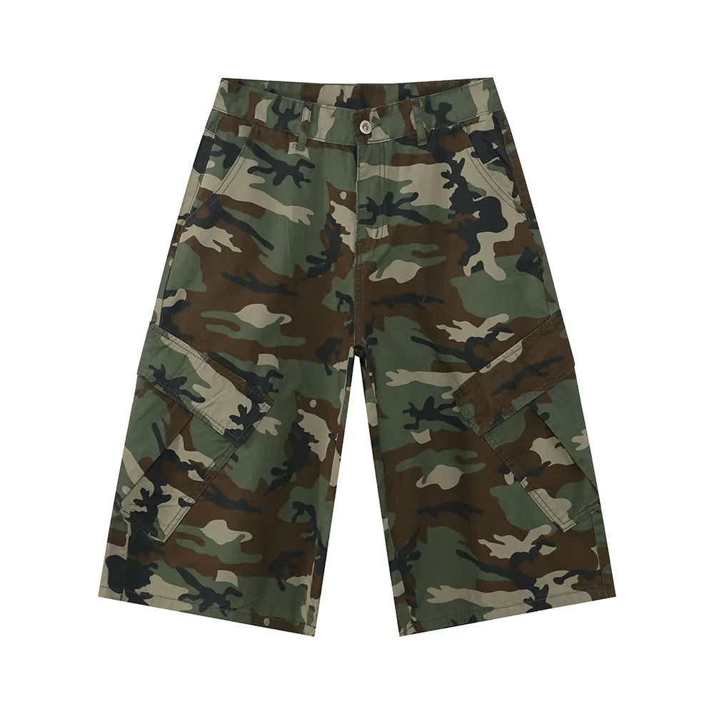 Cotton men's camouflage jeans with wide leg loose fit, cropped length, and large side pockets in sizes S to XL