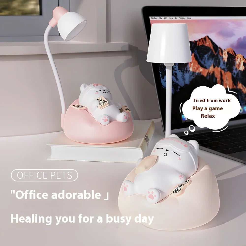 Sleeping cat shaped night lamp measuring 84x84x152mm with USB charging port and soft LED lighting