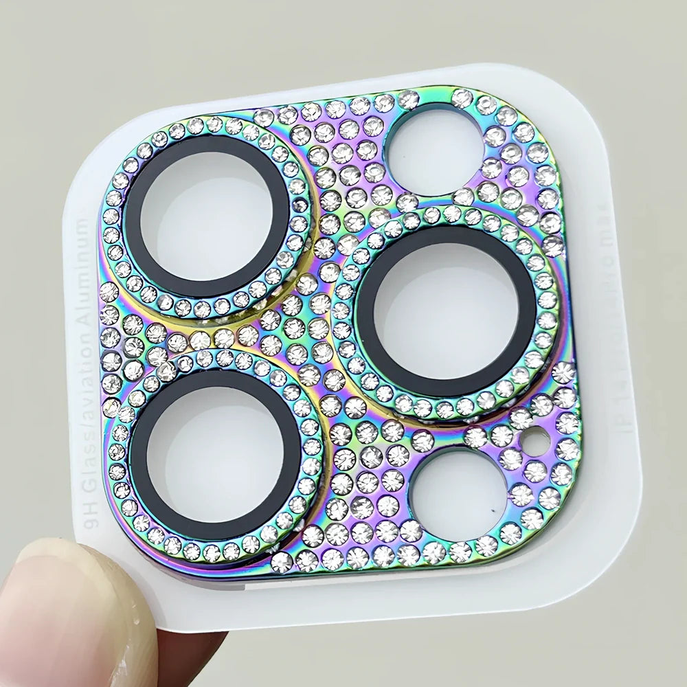 Diamond-embedded iPhone lens protector with 9H hardness showing black colour option on iPhone 15 Pro