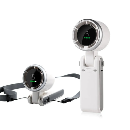 Portable folding mini fan showing adjustable head and compact plastic housing with USB Type-C charging port