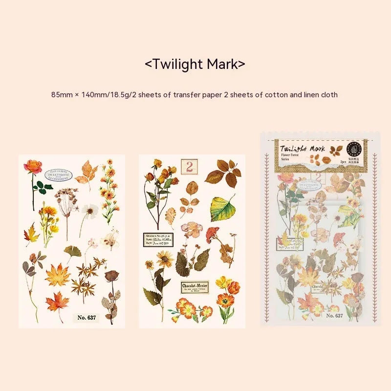 Huazhisen art nouveau forest sticker pack showing transfer paper and cotton linen sheets in six colour designs