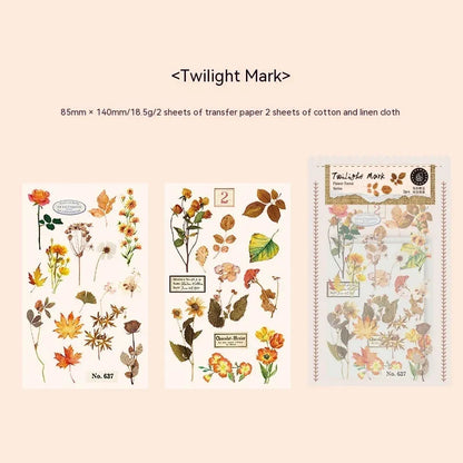 Huazhisen art nouveau forest sticker pack showing transfer paper and cotton linen sheets in six colour designs