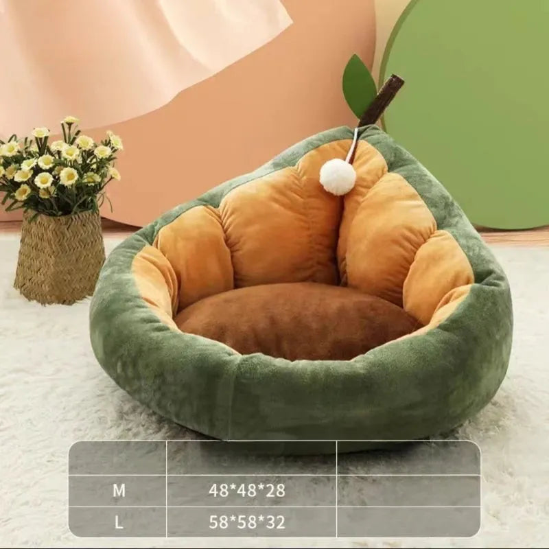 Cotton-filled cat bed house kennel in coffee or green colour showing three size options