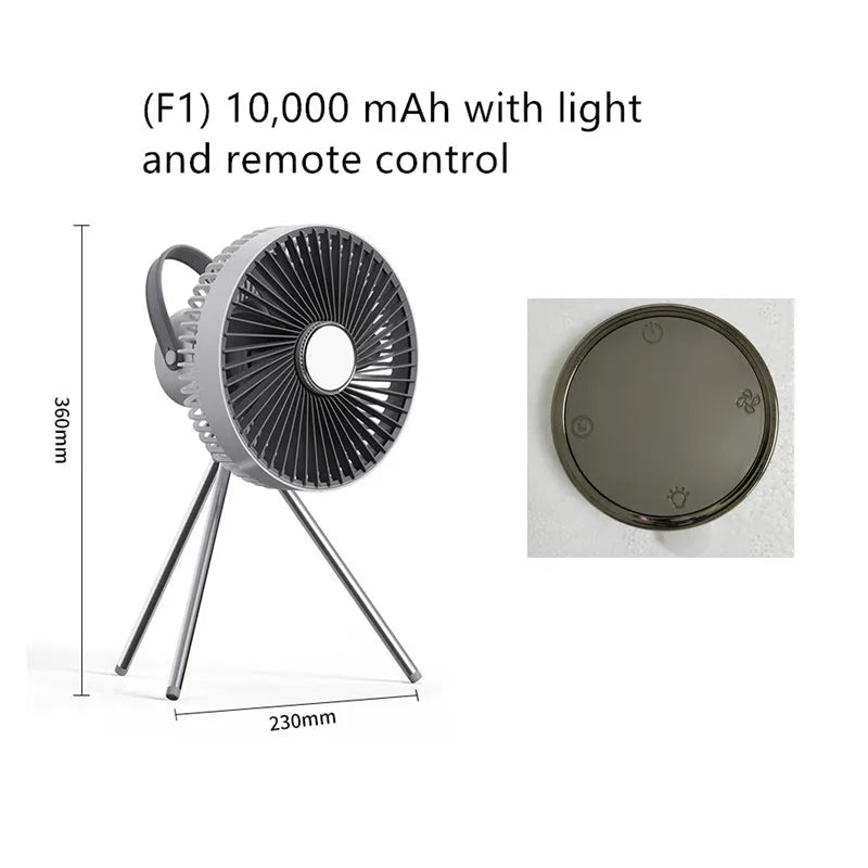 White camping fan mounted on aluminum tripod with Type-C charging cable