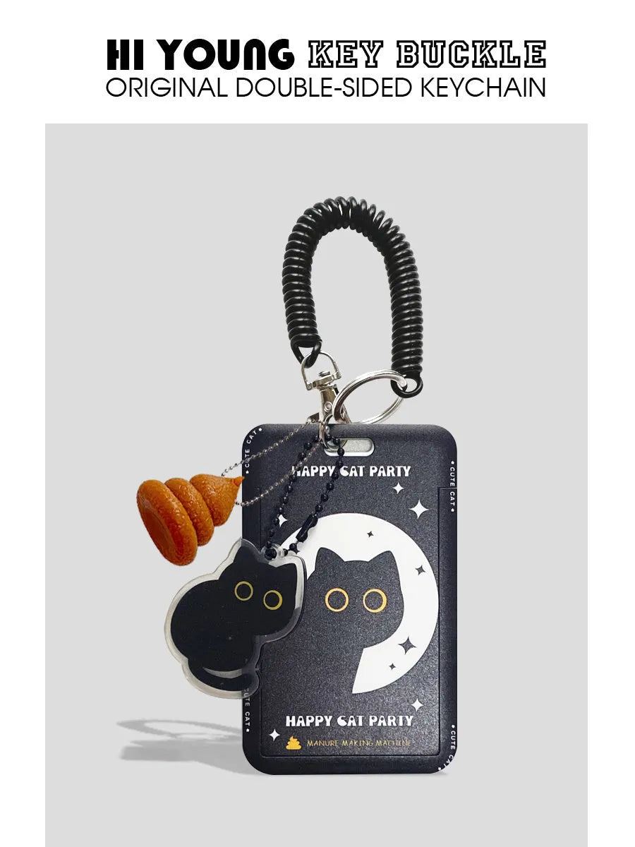 Cartoon cat design plastic card holder sleeve with a metal ferrule pendant clip attached.