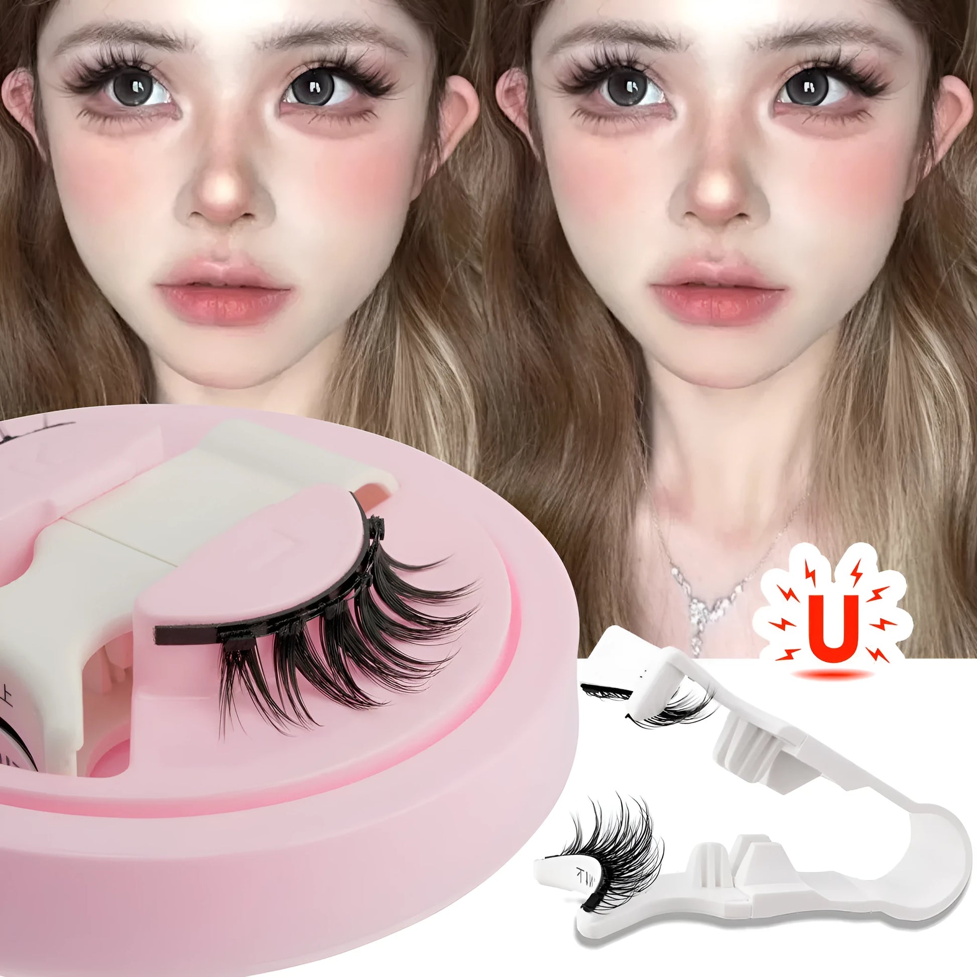 Set of reusable waterproof false eyelashes with natural thick design, glue-free.