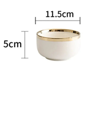 Platinum-coloured porcelain bowl and plate with gold rim, part of a wedding gift tableware set.
