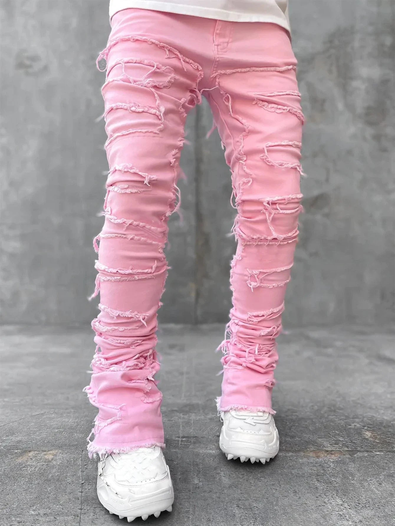 Men's slim-fit cotton jeans with unique patched design in various classic colors