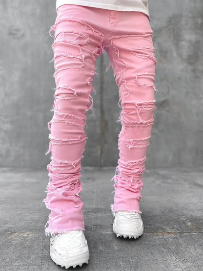 Men's slim-fit cotton jeans with unique patched design in various classic colors