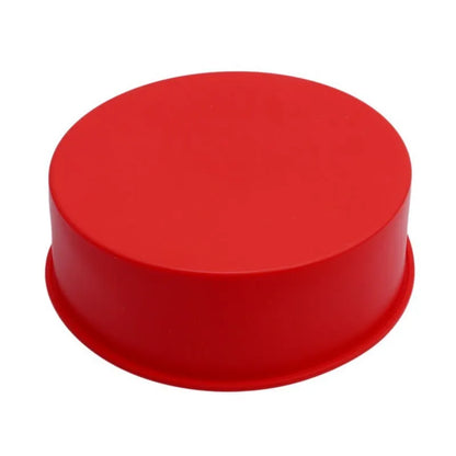 Red round silicone cake mould set showing 4-inch, 6-inch, and 8-inch sizes for baking trays