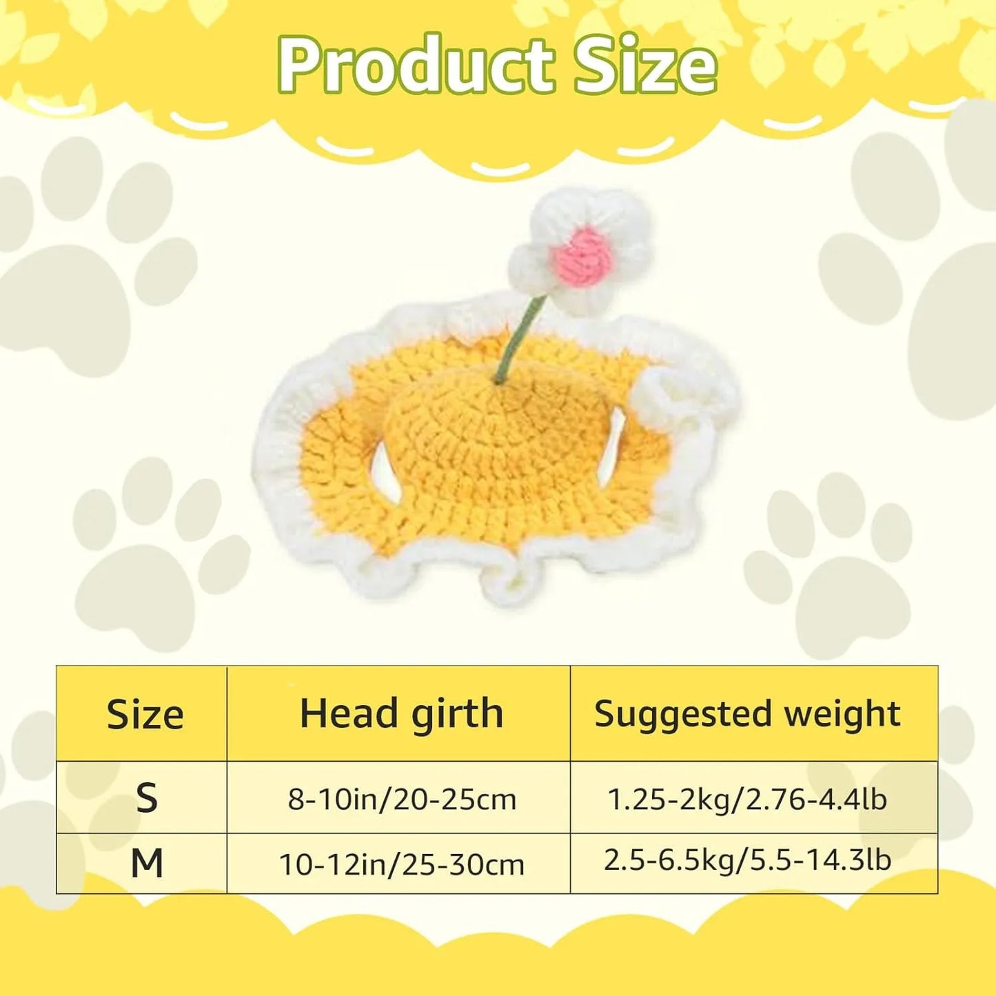 Green knitted cat hat with cartoon face on a kitten, showing S/M sizing for small pets.