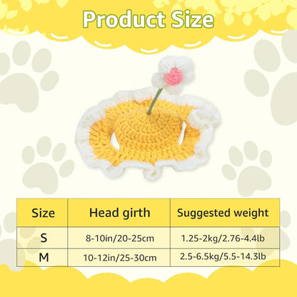 Green knitted cat hat with cartoon face on a kitten, showing S/M sizing for small pets.