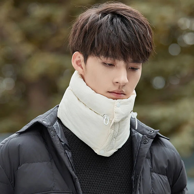 Winter riding scarf in down cotton with windproof neck protection, pullover cloak style, available in seven colours
