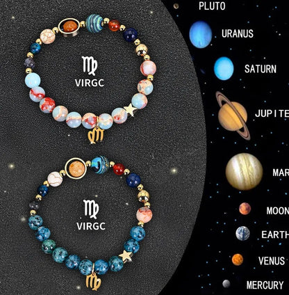 Natural stone zodiac bracelet set showing two adjustable bracelets with bead designs for astrological signs