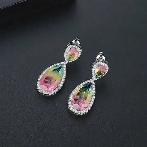 Copper inlaid synthetic gemstone drop earrings in blue, pink and yellow, fashion OL style