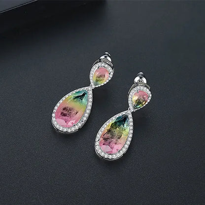 Copper inlaid synthetic gemstone drop earrings in blue, pink and yellow, fashion OL style