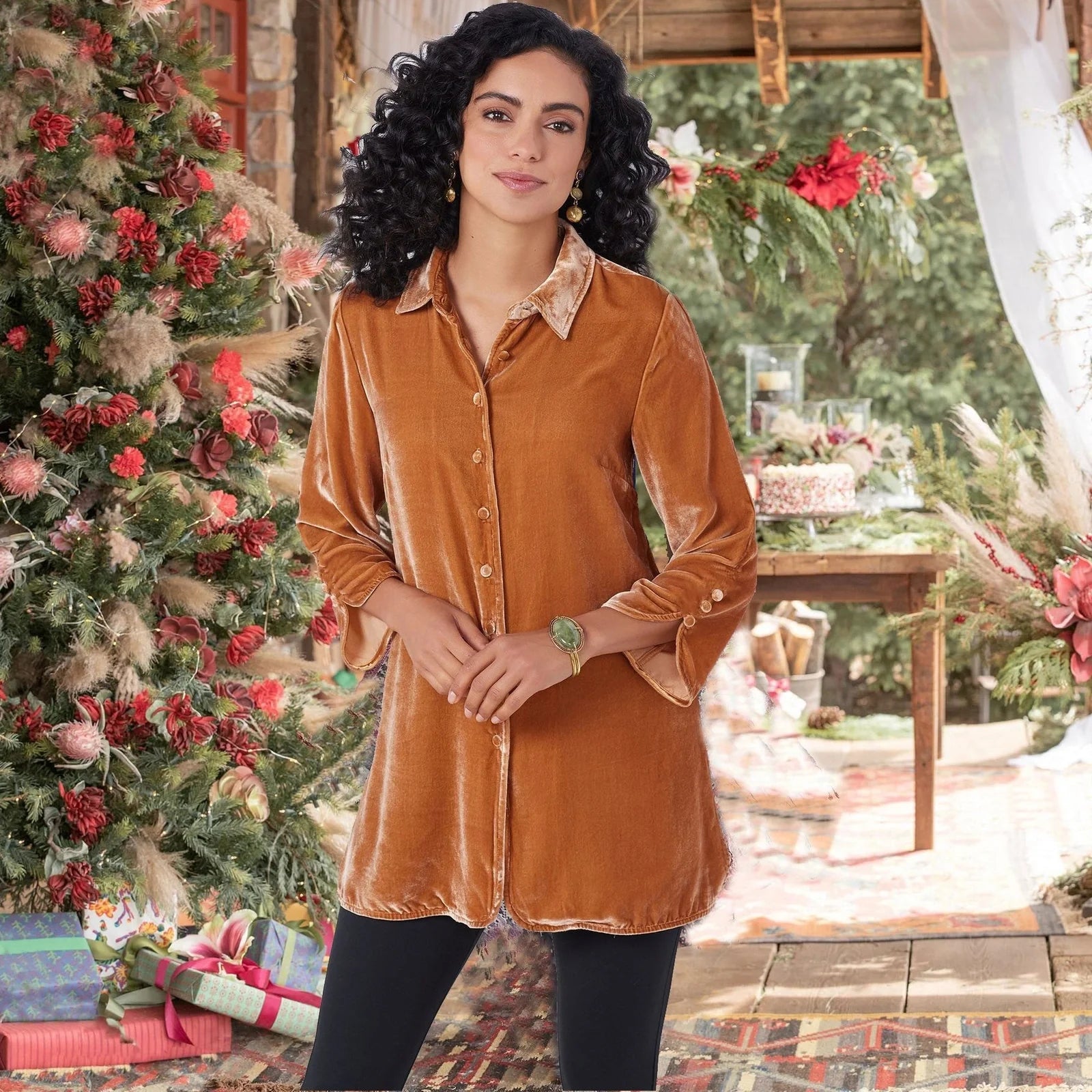 Gold velvet bell sleeve shirt with lapel slit button front showing loose fit and flared cuffs