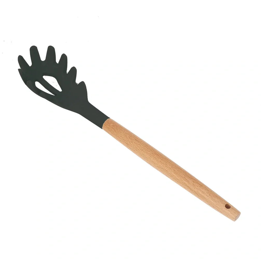 Dark grey silicone cooking utensils with wooden handles including spatula, spoon, whisk, and tongs