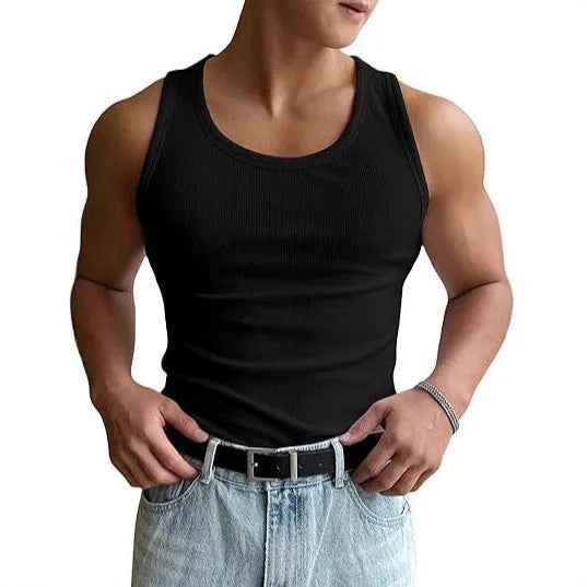 Men's tight-fitting grey sports t-shirt with a round neck, shown flat.