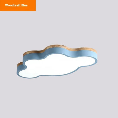 Cloud-shaped ceiling lamp with wooden construction and LED lighting in pink, blue, green, or yellow colour options