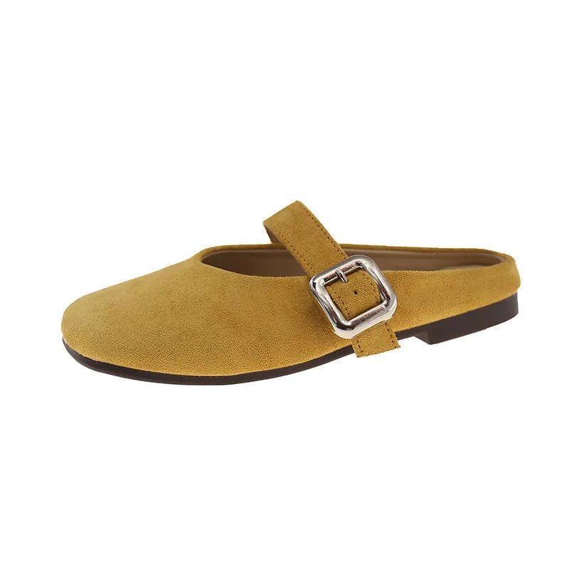 Women's closed toe flat slippers in apricot colour with square toe shape and rubber sole