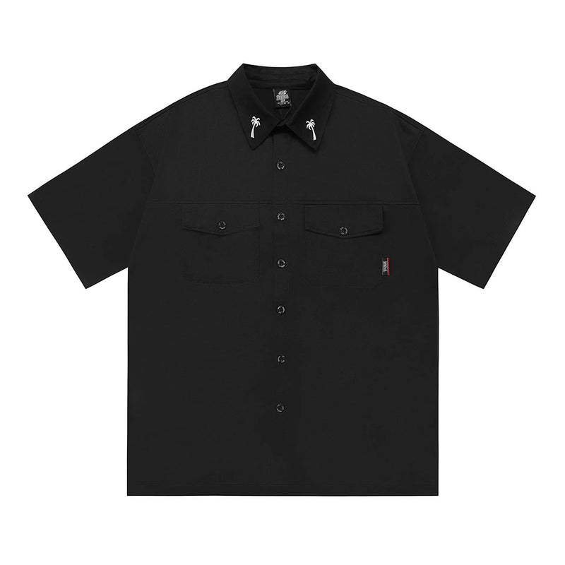 Men's Pocket Shirt in Plus Size Cotton Blend Casual Work Clothes Half Sleeve Shirt Loose Fit Button-Down Shirt for Men in Black or Khaki with Embroidered Detail