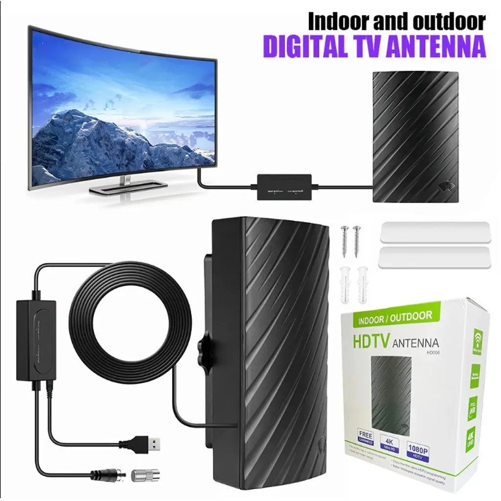 Black plastic digital TV antenna measuring 18cm by 16cm by 7cm with mounting accessories including expansion tubes and adhesive tape