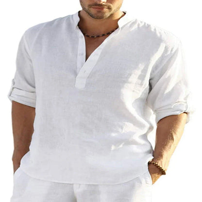 Stylish men's linen shirt with stand collar in various colours and sizes