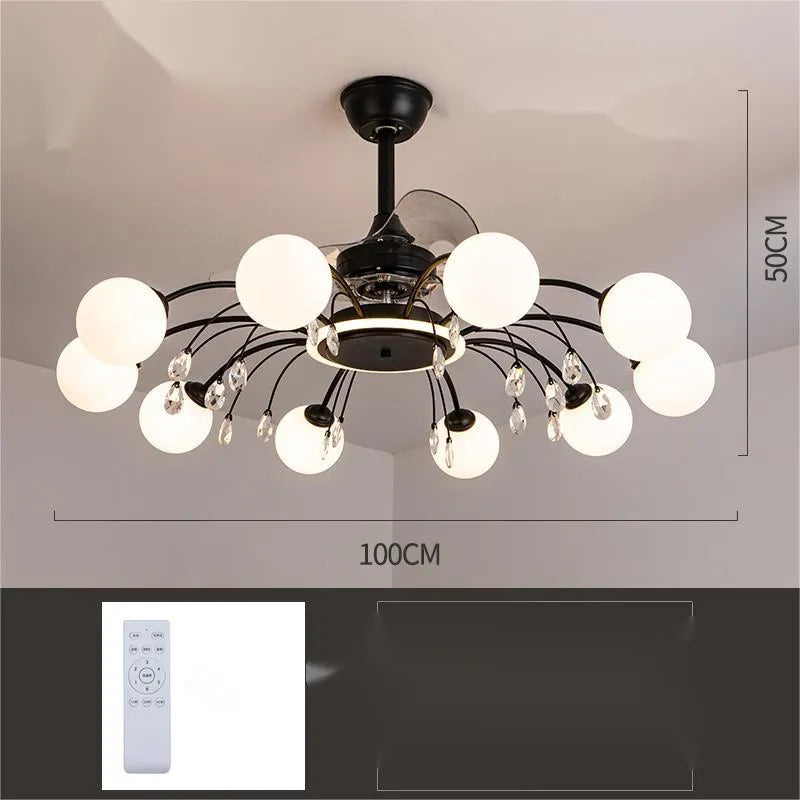 Black and gold ceiling fan lamp with acrylic shade and metal blades, shown with remote control.