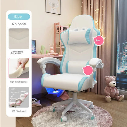 Blue rotatable reclining gaming chair for a girls bedroom with a five-star nylon base and fixed handrails.