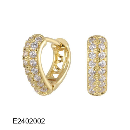 Gold plated heart-shaped clip-on earrings with multiple sparkling zircon stones on a white background.
