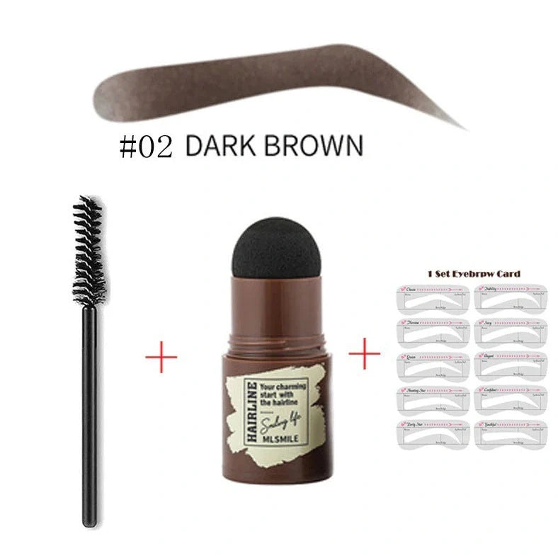 Eyebrow stamp kit with powder compact, air cushion applicator, 10 stencil cards, and dual-ended brow brush on white background