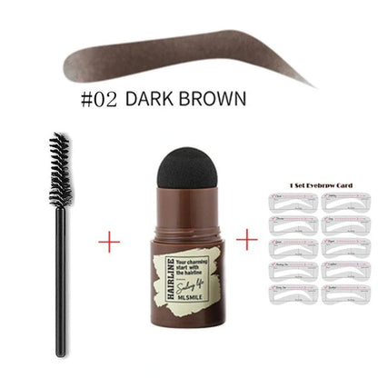 Eyebrow stamp kit with powder compact, air cushion applicator, 10 stencil cards, and dual-ended brow brush on white background