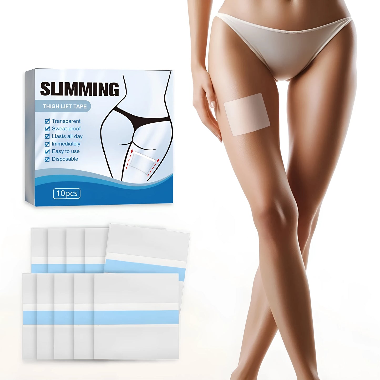 Ten square white body slimming patches for stomach tightening, each measuring 12cm.