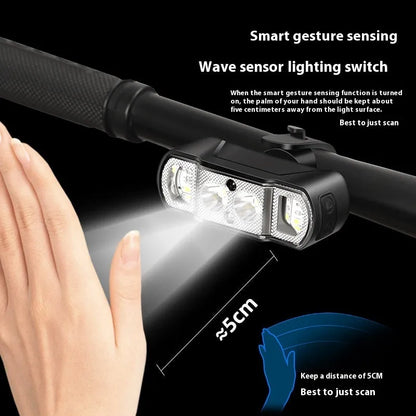 Black USB rechargeable bicycle headlight with 350 lumen output mounted on handlebars